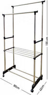 Stand-Appendiabiti-Doppio-Con-Ripiano-Base-Ruote-Aste-Telescopiche-Regolabile