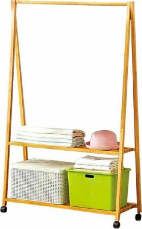 Stand-Appendiabiti-In-Legno-Bambù-Stender-Singolo-Mensole-Ruote-90-X-150cm-70198