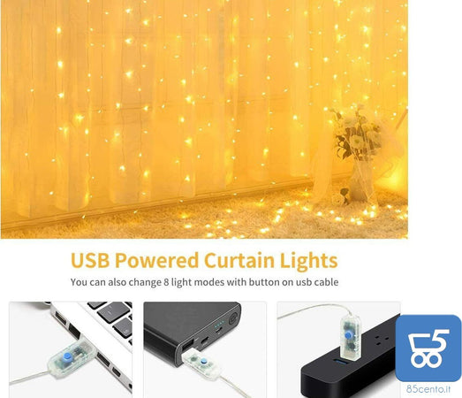 Stringa Luci LED per Tende e Decorazioni Bianco Caldo Alimentazione USB 3m x 3m con Telecomando