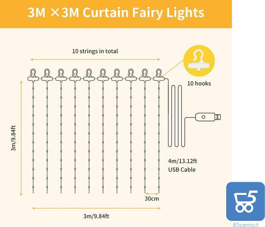 Stringa Luci LED per Tende e Decorazioni Bianco Caldo Alimentazione USB 3m x 3m con Telecomando