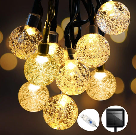 Strip LED Luci Solari e USB da Giardino 8 m 50 LED Impermeabili 8 modalità per Feste Natale Compleanni Luce Bianco Caldo