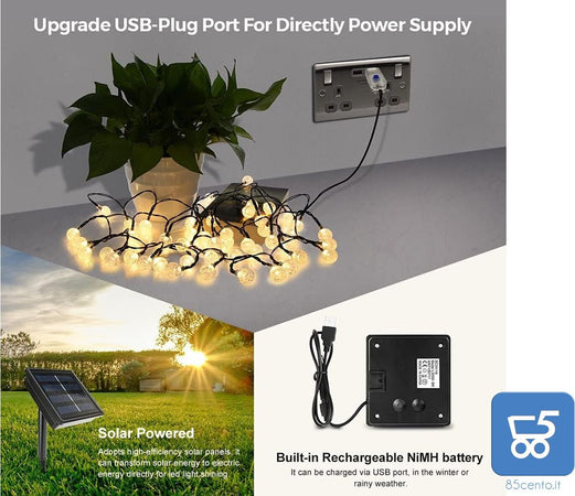 Strip LED Luci Solari e USB da Giardino 8 m 50 LED Impermeabili 8 modalità per Feste Natale Compleanni Luce Bianco Caldo