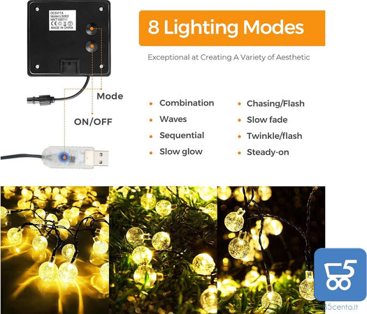 Strip LED Luci Solari e USB da Giardino 8 m 50 LED Impermeabili 8 modalità per Feste Natale Compleanni Luce Bianco Caldo