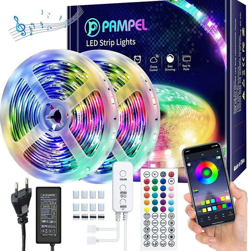 Strisce LED RGB Dimmerabili Smart con Microfono Integrato per Battiti Musicali Controllo App con Telecomando Controller Alimentazione 12V 2 strip da 5 metri - Totale 10 Metri