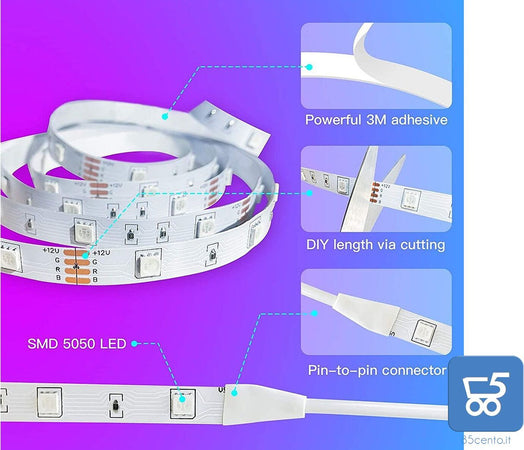 Strisce LED RGB Dimmerabili Smart con Microfono Integrato per Battiti Musicali Controllo App con Telecomando Controller Alimentazione 12V 2 strip da 5 metri - Totale 10 Metri