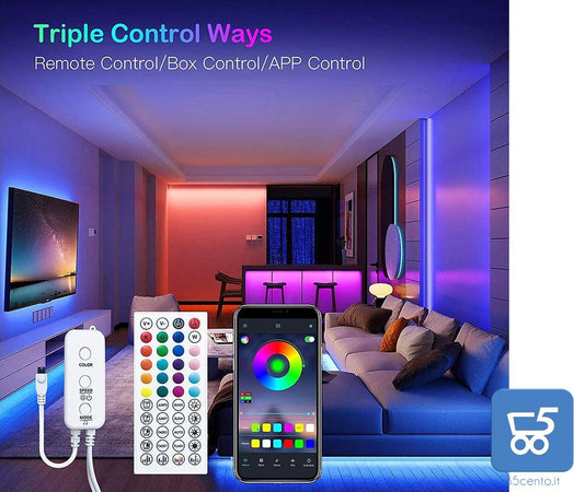 Strisce LED RGB Dimmerabili Smart con Microfono Integrato per Battiti Musicali Controllo App con Telecomando Controller Alimentazione 12V 2 strip da 5 metri - Totale 10 Metri