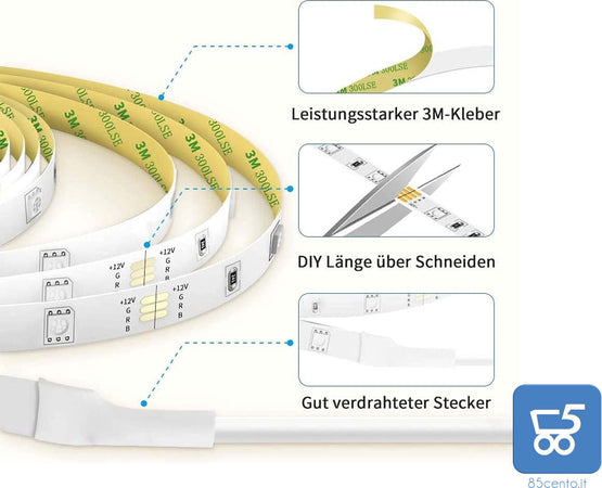 Striscia Led 2x5 Metri Con Telecomando RGB Resistente all'Acqua 20 Colori 9 Modalità