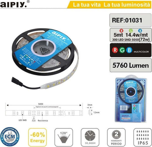 STRISCIA LED SMD5050 5MT 300LED RGB AIPIY 14.4W/MT 5760LUMEN IP65 Illuminazione/Strisce LED Trade Shop italia - Napoli, Commerciovirtuoso.it
