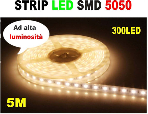 Striscia Strip LED Resistente all'acqua - 5 Metri - SMD5050 BIANCO CALDO - 300 L Illuminazione/Strisce LED Trade Shop italia - Napoli, Commerciovirtuoso.it