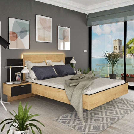 Struttura letto alla francese 1517 con comodini integrati colore rovere e nero