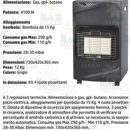 Stufa a gas da pavimento ad infrarossi 4,1 Kw per interno con accensione Piezo Fai da te/Prodotti per la costruzione/Riscaldamento e raffreddamento/Sistemi mobili di climatizzazione/Riscaldamento/Stufe elettriche Decor Space - Altamura, Commerciovirtuoso.it