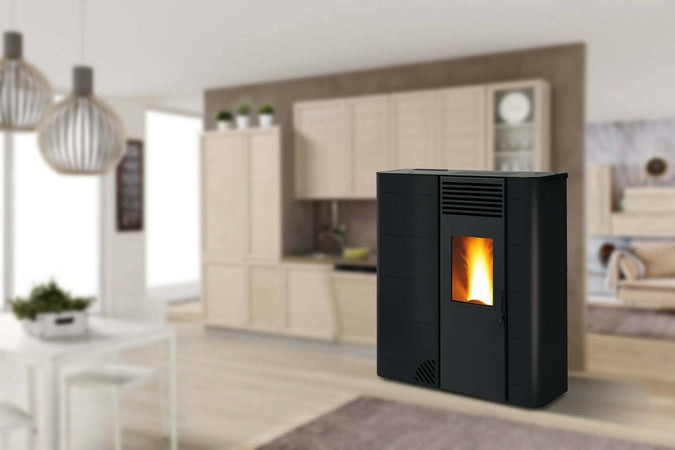 Stufa a Pellet Bio Gs 90 Stufa a Pellet Slim 26 Cm - 9 Kw Con Uscita Fumi Superiore, Laterale Dx, Posteriore Dx Biotermika
