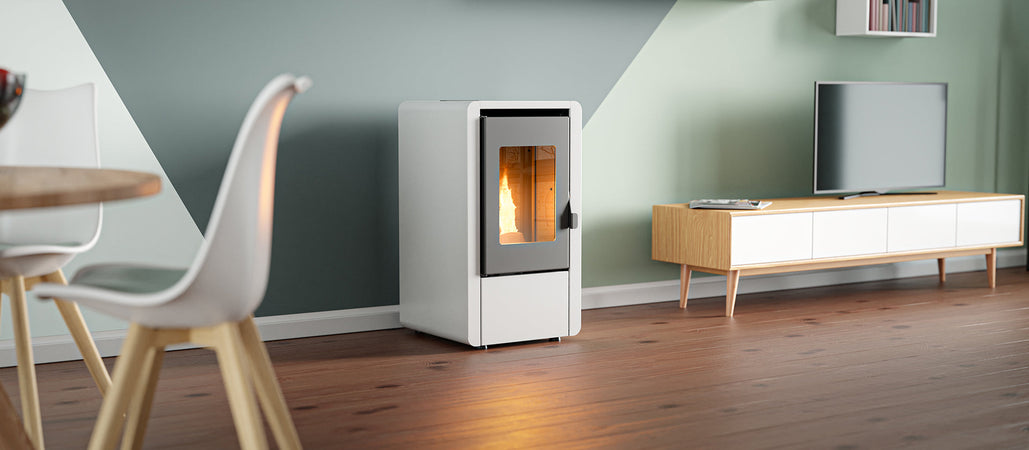 Stufa a pellet 6 kw ventilata "Petit" per ambienti moderni h 77 cm