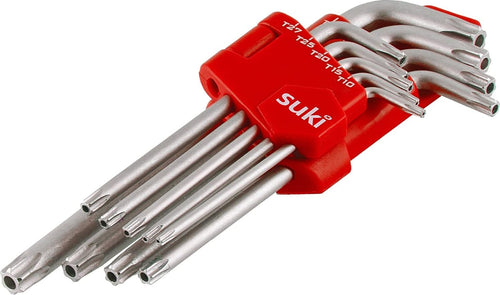 SUKI---9-PEZZI---SET-9-CHIAVI-A-BRUGOLA-ESAGONALI-CON-FORO-INTERNO-T10-50---SUPPORTO-IN-PLASTICA-ROSSO-RESISTENTE