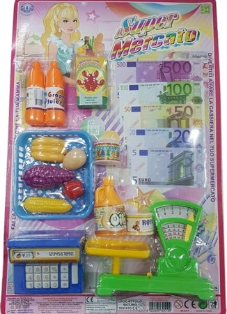 Super-Market-Cassa-Bilancia-Soldi-Spesa-Carrellino-Frutta-Latte-Gioco-Bambini