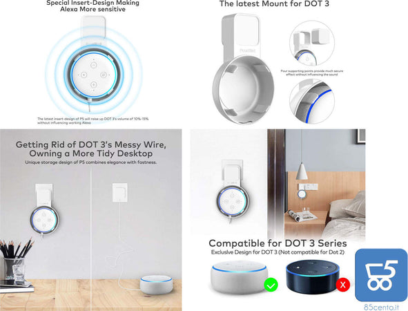 Supporto a Muro per Amazon Alexa Dot 3a Generazione, Migliore qualità del suono dell'altoparlante Dot, Gestione dei cavi integrata senza viti (Bianco)