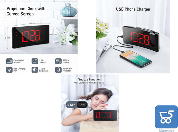 Sveglia digitale curved con Orologio, Allarme e proiezione ora sul soffitto 4 livelli di luminosità e 3 tonalità di allarme - Led Rosso Uscita Usb per ricarica Smartphone