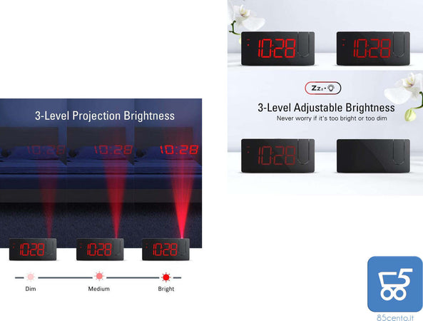 Sveglia digitale curved con Orologio, Allarme e proiezione ora sul soffitto 4 livelli di luminosità e 3 tonalità di allarme - Led Rosso Uscita Usb per ricarica Smartphone
