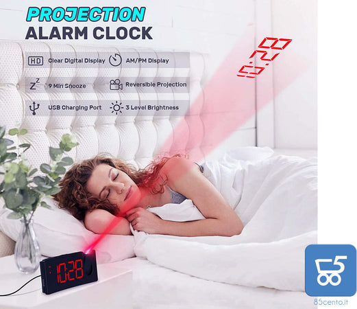 Sveglia digitale curved con Orologio, Allarme e proiezione ora sul soffitto 4 livelli di luminosità e 3 tonalità di allarme - Led Rosso Uscita Usb per ricarica Smartphone