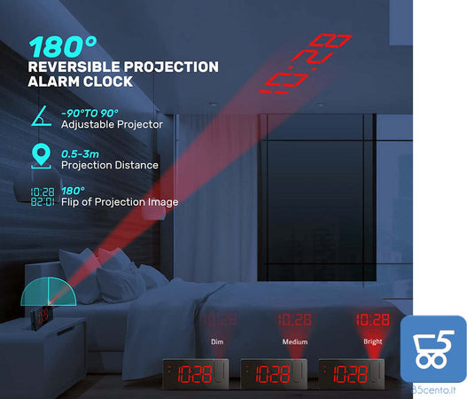 Sveglia digitale curved con Orologio, Allarme e proiezione ora sul soffitto 4 livelli di luminosità e 3 tonalità di allarme - Led Rosso Uscita Usb per ricarica Smartphone