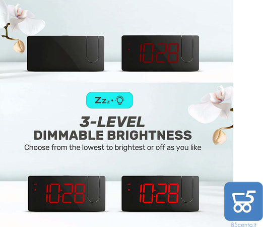 Sveglia digitale curved con Orologio, Allarme e proiezione ora sul soffitto 4 livelli di luminosità e 3 tonalità di allarme - Led Rosso Uscita Usb per ricarica Smartphone
