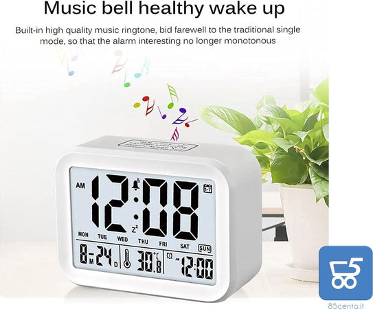 Sveglia orologio digitale lcd luminoso da tavolo con calendario e temperatura colore bianco audio parlante in lingua Inglese