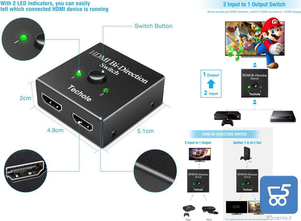 Switcher HDMI bidirezionale Techole 1 Ingresso HDMI femmina 2 Uscita HDMI femmina display singolo HS303