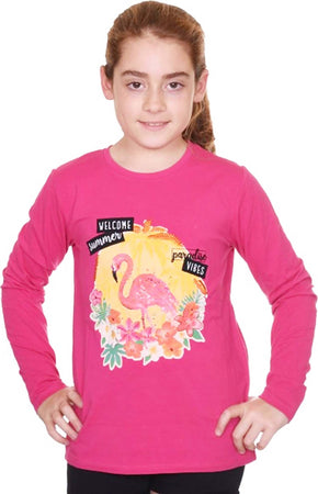 T-Shirt Bambina Rosa Stampata Flamingo Maniche Lunghe Maglietta 100% Cotone Fenicotteri Maglia Girocollo Fuchsia Bimba Stampa Multi Color t-shirt bambina Piccole Canaglie - Tropea, Commerciovirtuoso.it