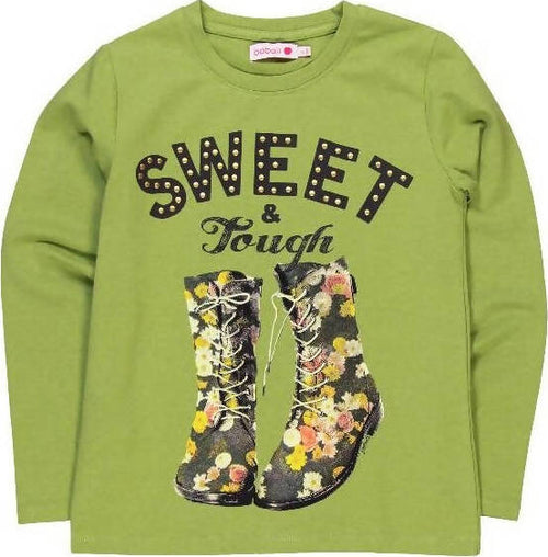 T-Shirt Bambina Verde Stampata Maniche Lunghe Maglietta Cotone Verde Sweet Maglia Girocollo Borchie Bimba Stampa Multi Color t-shirt bambina Piccole Canaglie - Tropea, Commerciovirtuoso.it