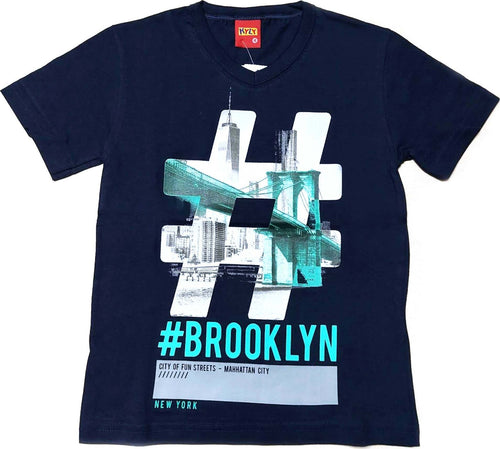 T-SHIRT Bambino 100% Cotone Blu Stampata # Brooklyn Maglia Mezze Maniche Girocollo Bimbo Maglietta Estiva Stampa Multi Colore Blu Bianca Azzurra T-SHIRT Piccole Canaglie - Tropea, Commerciovirtuoso.it
