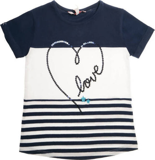 T-Shirt Bimba Estiva Mezze Maniche Righe Bianca e Blu Maglia Girocollo Bambina Maniche Corte Estate Cuore Paillettes Glitter Brillantini fashion t-shirt bambina/ragazza Piccole Canaglie - Tropea, Commerciovirtuoso.it