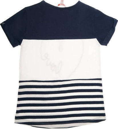 T-Shirt Bimba Estiva Mezze Maniche Righe Bianca e Blu Maglia Girocollo Bambina Maniche Corte Estate Cuore Paillettes Glitter Brillantini fashion t-shirt bambina/ragazza Piccole Canaglie - Tropea, Commerciovirtuoso.it