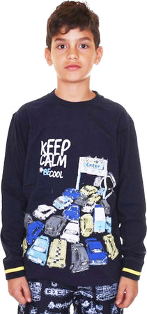 T-Shirt Bimbo Blu Marine 100% Cotone Stampata Keep Calm Macchine Maglia Maniche Lunghe Bambino Girocollo Colorata Maglietta Fashion Boy t-shirt bambino Piccole Canaglie - Tropea, Commerciovirtuoso.it