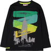 T-Shirt Bimbo Nera Stampata New York Grattaceli Multi Color Maglia Maniche Lunghe Bambino 100% Cotone Girocollo Colorata Maglietta con Bottoni t-shirt bambino Piccole Canaglie - Tropea, Commerciovirtuoso.it