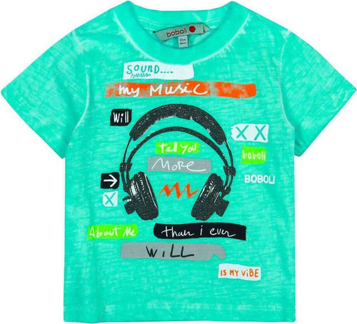 T-Shirt Bimbo Turchese Estiva Stampa Cuffie Multi Color Maglietta Girocollo Mezze Maniche Bambino Azzurra 100% Cotone pantaloncino baby maschio Piccole Canaglie - Tropea, Commerciovirtuoso.it