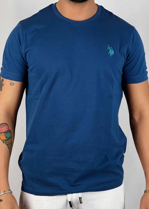 T-shirt-bren-blu-avio-con-logo-azzurro-nido-d'ape