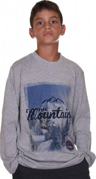 T-Shirt Grigia Stampa Montagne Bambino Maglia Maniche Lunghe Mountains Grigio e Blu Maglietta Bimbo t-shirt bambino Piccole Canaglie - Tropea, Commerciovirtuoso.it