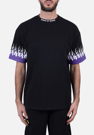 MEWA T-shirt nera con doppia fiamma viola e bianca da uomo