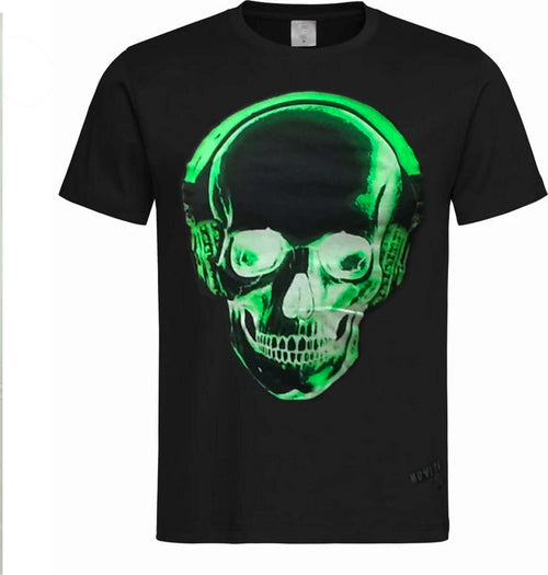 T-Shirt Nera Teschio Fluo Verde Uomo Maglietta Girocollo Stampata Teschio Con Cuffie Mezze Maniche Nero Verde 030 Sport e tempo libero/Fan Shop/Abbigliamento/T-Shirt Il Distintivo - Pesaro, Commerciovirtuoso.it