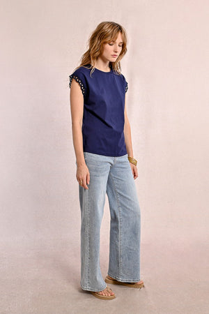 T-shirt Molly Bracken blu in cotone maniche traforate