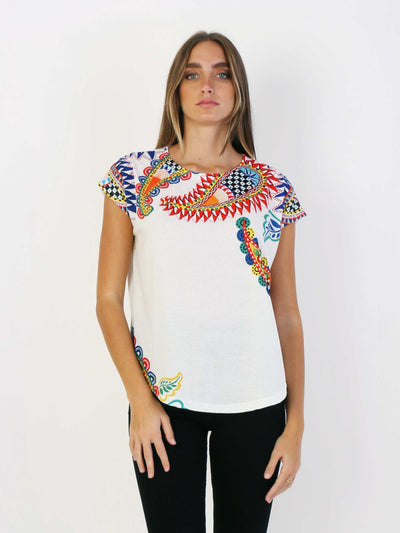 T-Shirt Donna Mezze Maniche Girocollo Stampa Multicolore cashmere mediterraneo