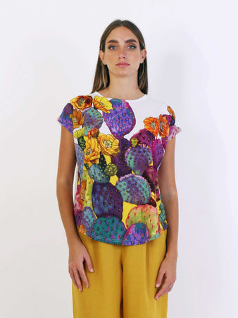 T-Shirt Donna Mezze Maniche Girocollo Stampa Multicolore Cactus Sikeluna