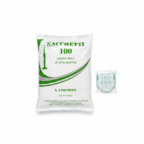 5 Sacchetti compatibili in microfibra + 1 filtro griglia motore compatibile per folletto VB100