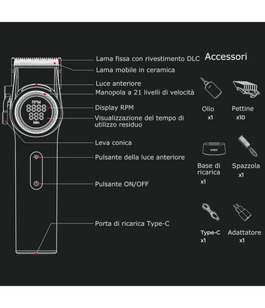 Tagliacapelli Professionale Da Uomo Senza Fili Per Barbieri Display A Led V-001