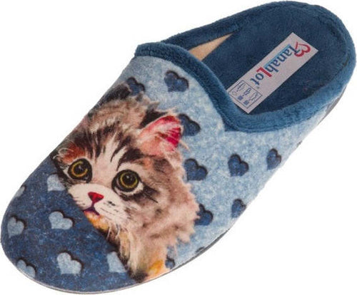 TanahLot-pantofole-ciabatte-donna-immagine-gatto-in-tessuto-Azzurro-e-sottopiede-estraibile
