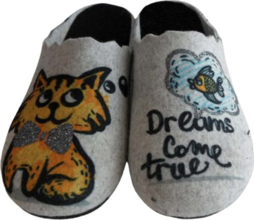 TanahLot-pantofole-ciabatte-donna-in-feltro-grigio-con-glitter-stampa-gatto-e-pesce-Dreams-Come-True