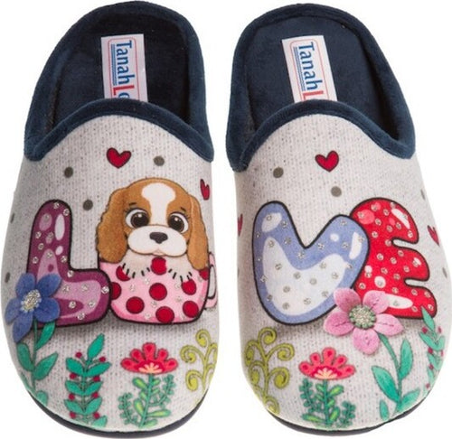 TanahLot-pantofole-ciabatte-donna-stampa-cagnolino-Love-glitter-in-tessuto-morbido
