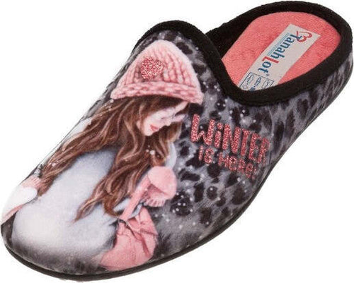 TanahLot-pantofole-ciabatte-donna-stampa-ragazza-berretta-glitter-Winter-is-here!-in-tessuto-morbido