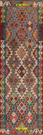 Tappeto-Passatoia-Kilim-Kaudani-Melange-202x66cm-Afgano-Nuovo-Tappeto-Runner-Lana,-Colori-Vegetali-Melange,-Disegno-Moderno,-Double-Face