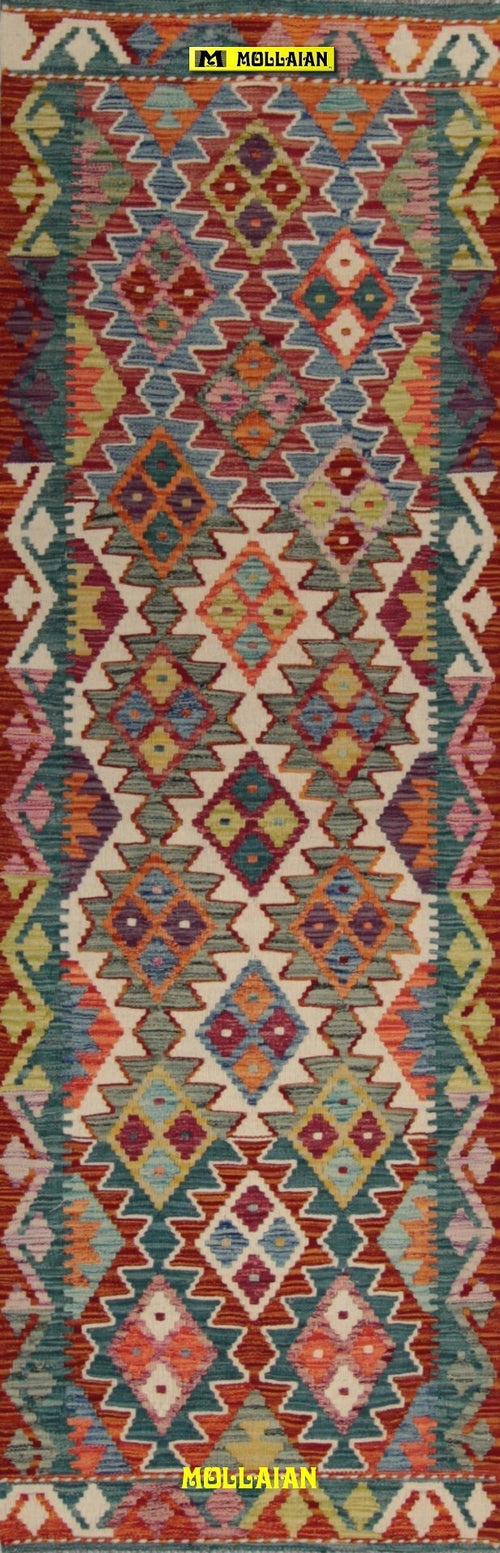 Tappeto-Passatoia-Kilim-Kaudani-Melange-202x66cm-Afgano-Nuovo-Tappeto-Runner-Lana,-Colori-Vegetali-Melange,-Disegno-Moderno,-Double-Face